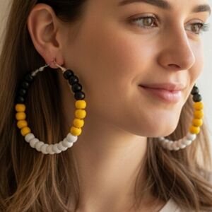 Rasta hoop earrings, African Earrings with wooden beads, Large hoop earrings 3.5